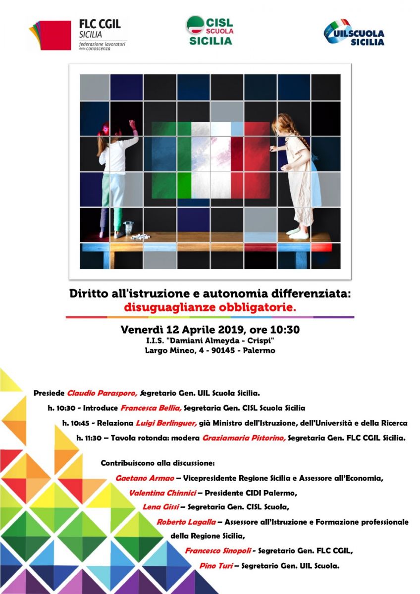 Convegno, Diritto all’istruzione e autonomia differenziata: disuguaglianze obbligatorie. Venerdì 12 aprile a Palermo
